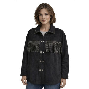Women's aliceblue Black Faux Suede Fringe Jacket M